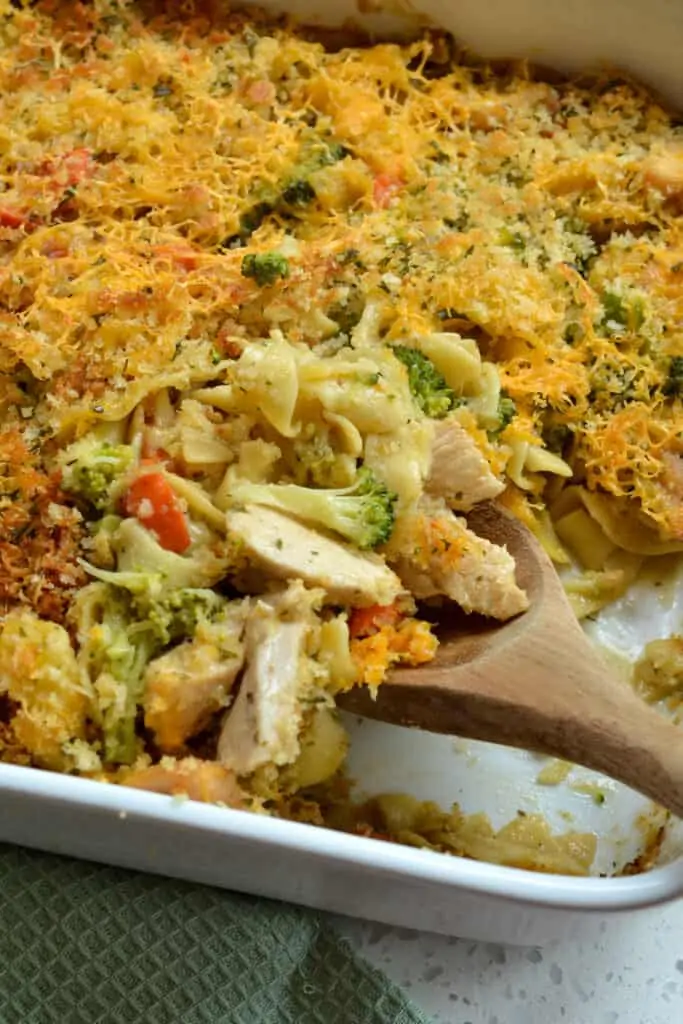 A casserole dish with chicken, carrots, onions, broccoli, and egg noodles all in a creamy chicken sauce. 