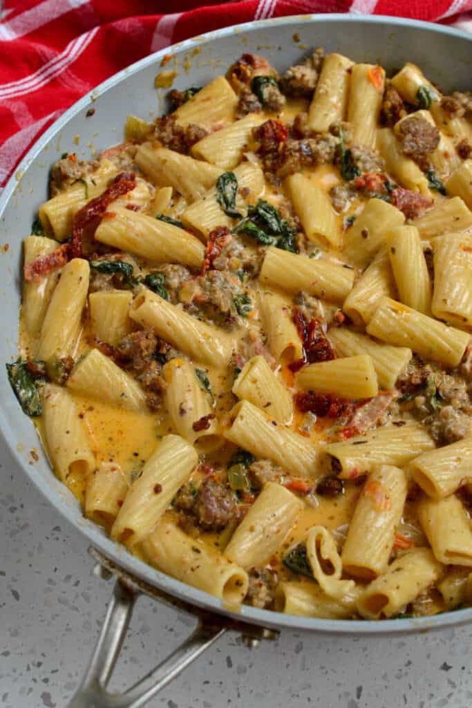 Rigatoni pasta loaded with sausage. sundried tomatoes, and spinach in a creamy Parmesan Sauce. 