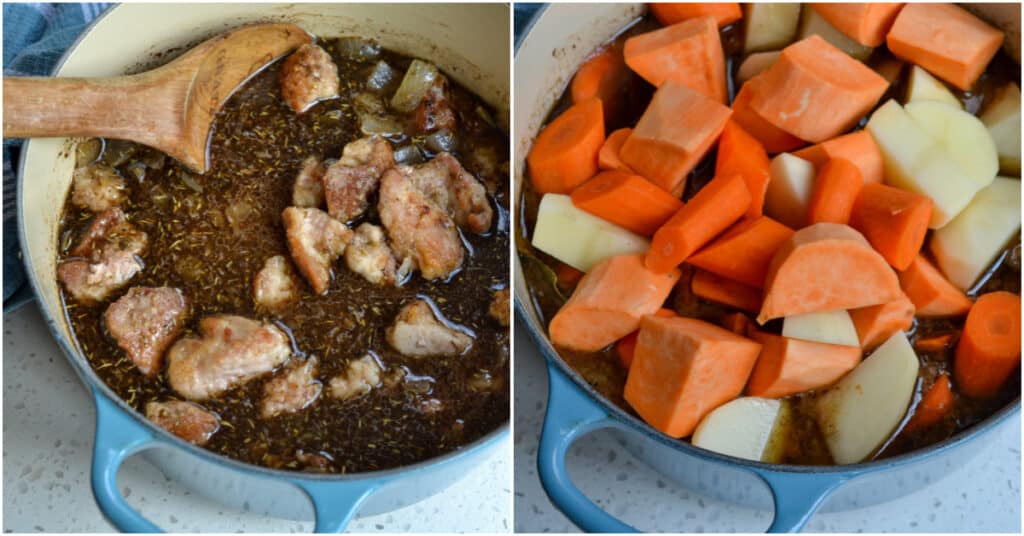There are a few steps to making hearty pork stew with root vegetables. 