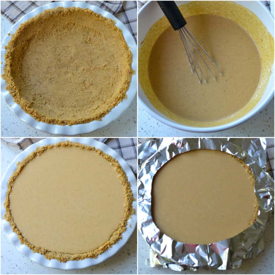 There are several steps to making a pumpkin pie with a graham cracker crust. 
