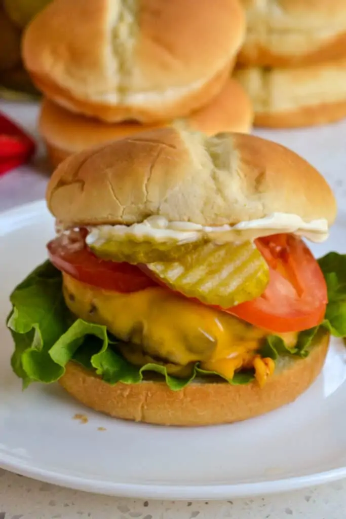 Quick and easy air fryer cheeseburgers topped with lettuce, tomatoes, pickle, and mayonnaise.  