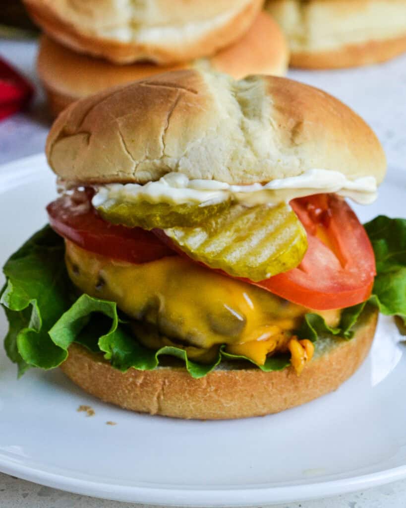 A close up view of an air fried burger on a white serving plate.