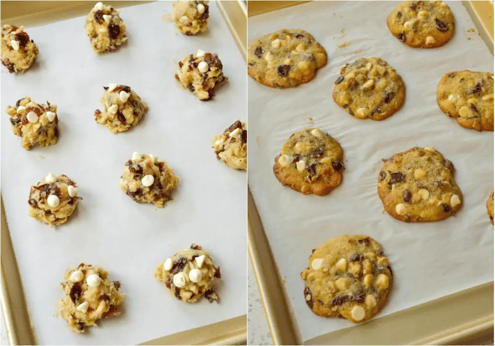 Some of the steps to making white chocolate cranberry cookies. Drop the dough onto parchment-covered baking sheets and bake for about 12 minutes.