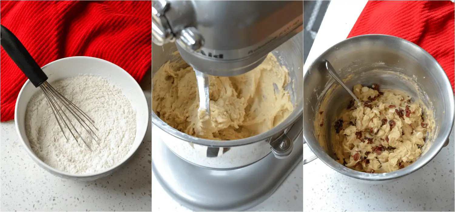 Some of the steps to making white chocolate cranberry cookies. Whisk the flour, baking soda, cornstarch, and salt, and set the bowl aside. Using a stand mixer on medium, cream the butter, sugar, and brown sugar.
Reduce the speed to low and add the eggs and vanilla extract
Mix the dry ingredients into the wet ingredients. Stir in the chocolate chips, dried cranberries, and walnuts.