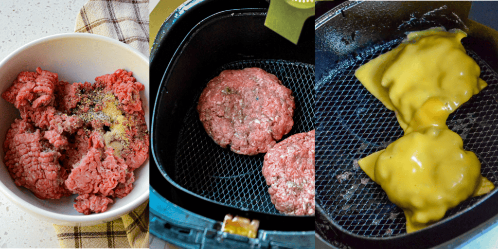 Some of the steps for making air-fryer burgers. In a medium bowl, mix the ground beef, minced garlic, onion powder, Worcestershire Sauce, and fresh ground black pepper. Gently shape the ground beef into burger patties. Add the patties to the air fryer basket in a single layer. Air fry for about 5 minutes.
Flip and air-fry for about 3 minutes or until the hamburgers reach an internal temperature of 160 degrees. If desired, add a slice of cheese to the top of each burger and close the air fryer.