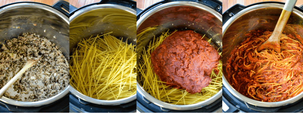 Add a little olive oil to the Instant Pot. Turn the pot to saute and add the Italian Sausage. Use a spoon to break it up and brown it. Halfway through, add the onion and cook through. Turn the Instant Pot off and add the garlic, marjoram, thyme, and crushed red pepper to the meat mixture. Cook with the residual heat while stirring. Pour in half the water, then add the spaghetti. Pour in the remaining water and marinara, submerging the spaghetti. Seal the Instant Pot and cook on high pressure. When it's done cooking, use the quick-release button. Open the Instant Pot and, using a wooden spoon, stir the pasta to combine.