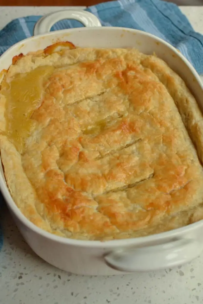 A fresh baked chicken pot pie with a homemade crust. 