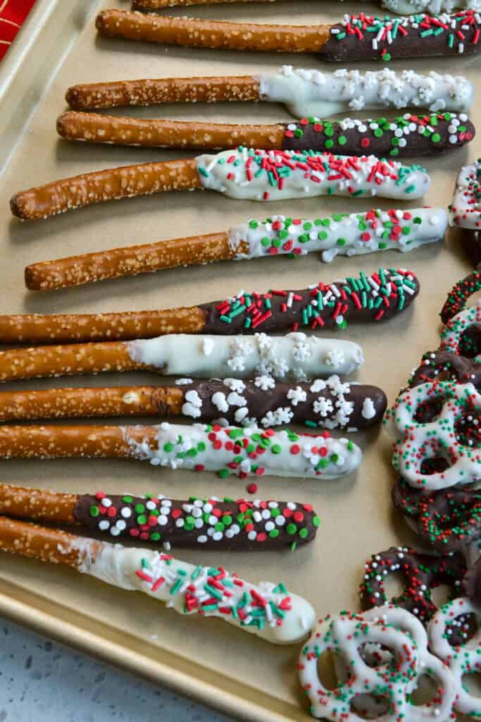 Chocolate dipped pretzel twists and rods. 