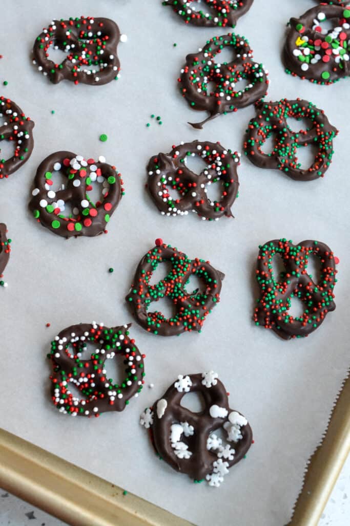 Chocolate dipped pretzels with sprinkles. 