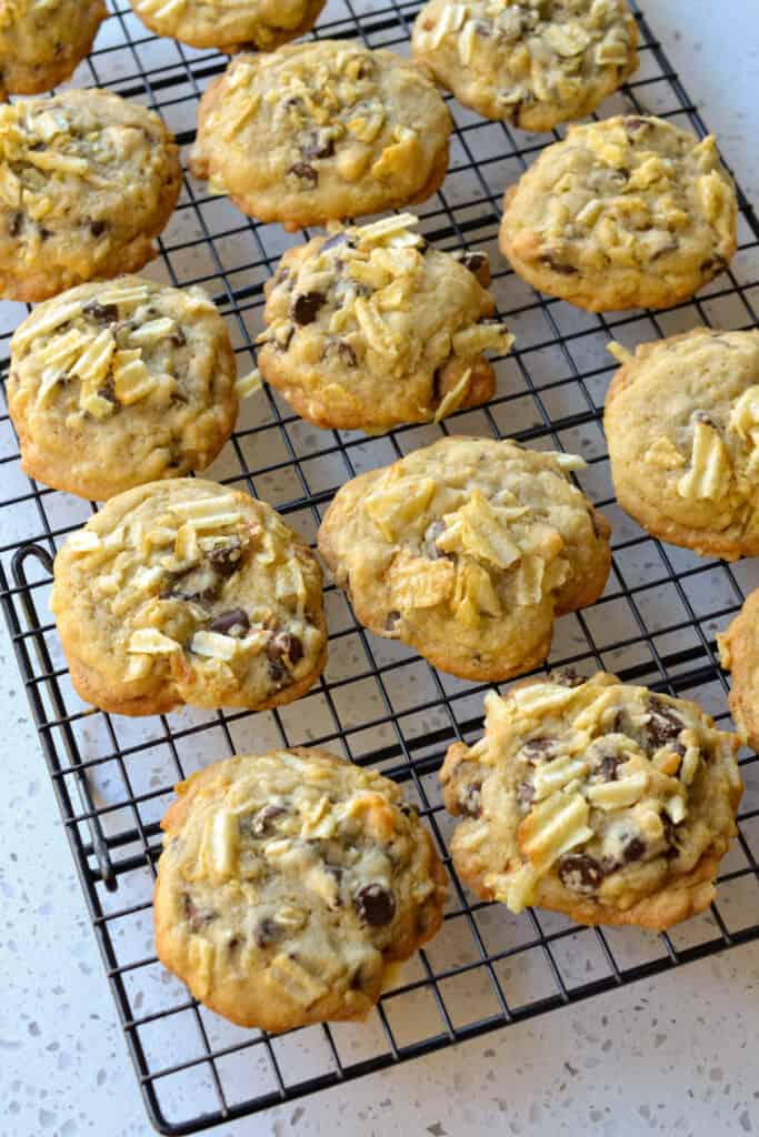These scrumptious soft and chewy Potato Chip Cookies are chocolate chip cookies loaded with crunchy, salty, rippled potato chips and semi-sweet chocolate chips, making them the perfect balance of salty sweetness. 