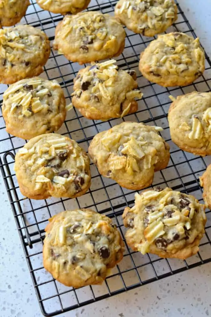 These scrumptious soft and chewy Potato Chip Cookies are chocolate chip cookies loaded with crunchy, salty, rippled potato chips and semi-sweet chocolate chips, making them the perfect balance of salty sweetness. 