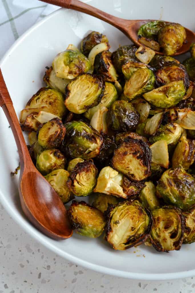 Air fried Brussels Sprouts with crispy edges. 