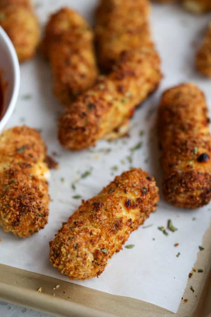 Fresh homemade mozzarella sticks made in the air fryer. 