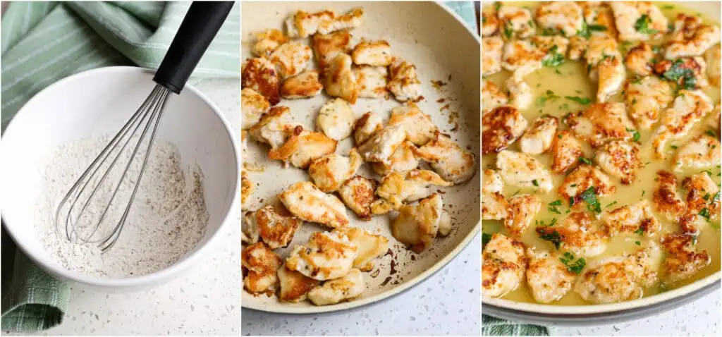 Some of the steps to making chicken scampi. combine the flour and Italian seasoning, and dredge the chicken pieces in it. Brown the chicken in a skillet on the stovetop in a bit of olive oil. Transfer the chicken to a plate. Cook the garlic on the stovetop over low heat. Add the red pepper flakes and wine. Reduce by half. Stir in the lemon juice. Add the chicken back to the skillet to warm.