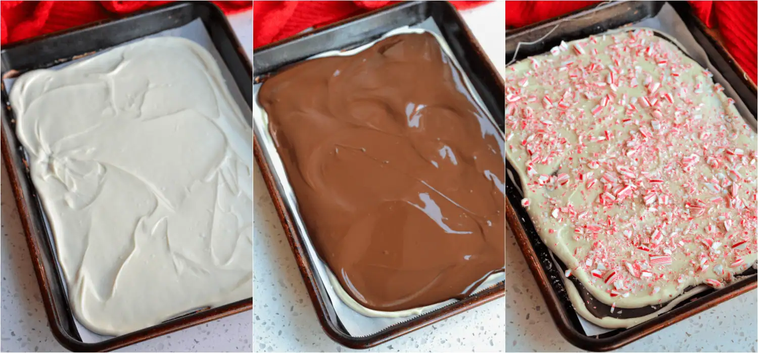 Some of the steps for making peppermin bark. Pour the melted chocolate on a parchment-covered baking sheet. Spread the chocolate out using an offset spatula. Pop the baking sheet in the fridge. Melt the semisweet chocolate and stir in the peppermint extract. Pour the melted chocolate over the white chocolate. Spread it gently using an offset spatula. Pop the baking sheet in the refrigerator. Melt half the white chocolate and stir in the peppermint extract. Spread it gently using an offset spatula.
Sprinkle the crushed candy over the top.