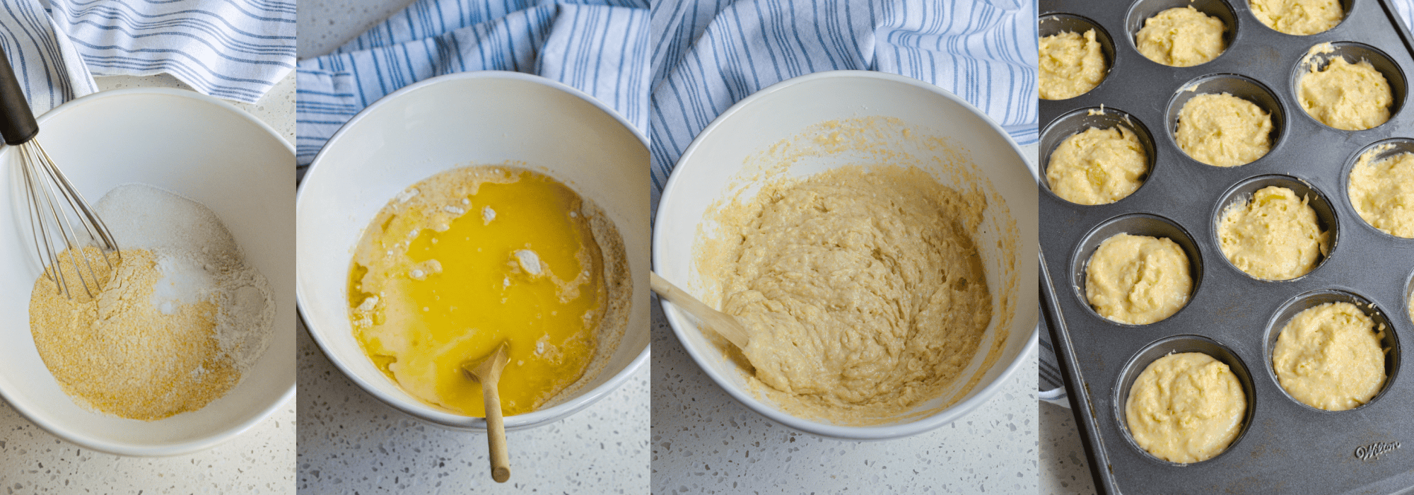 Whisk the flour, cornmeal, sugar, baking powder, and salt. Add the beaten egg, butter, vegetable oil, and milk to the dry ingredients until combined. Divide into a greased muffin tin. Bake for 10 minutes or until lightly browned.