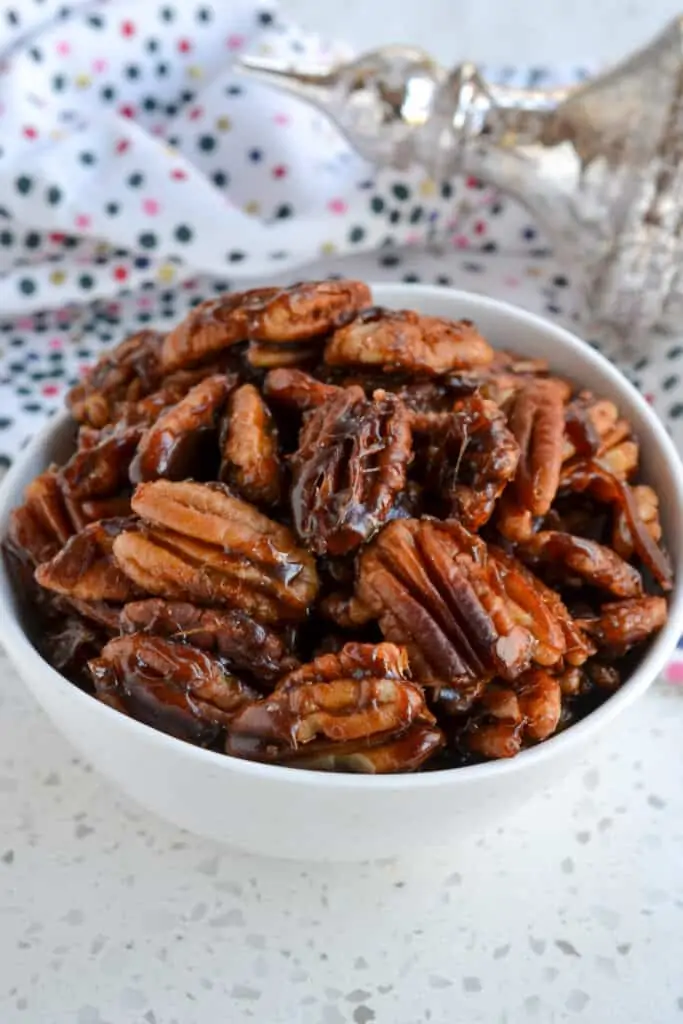 A bowl full of homemade candied pecans
