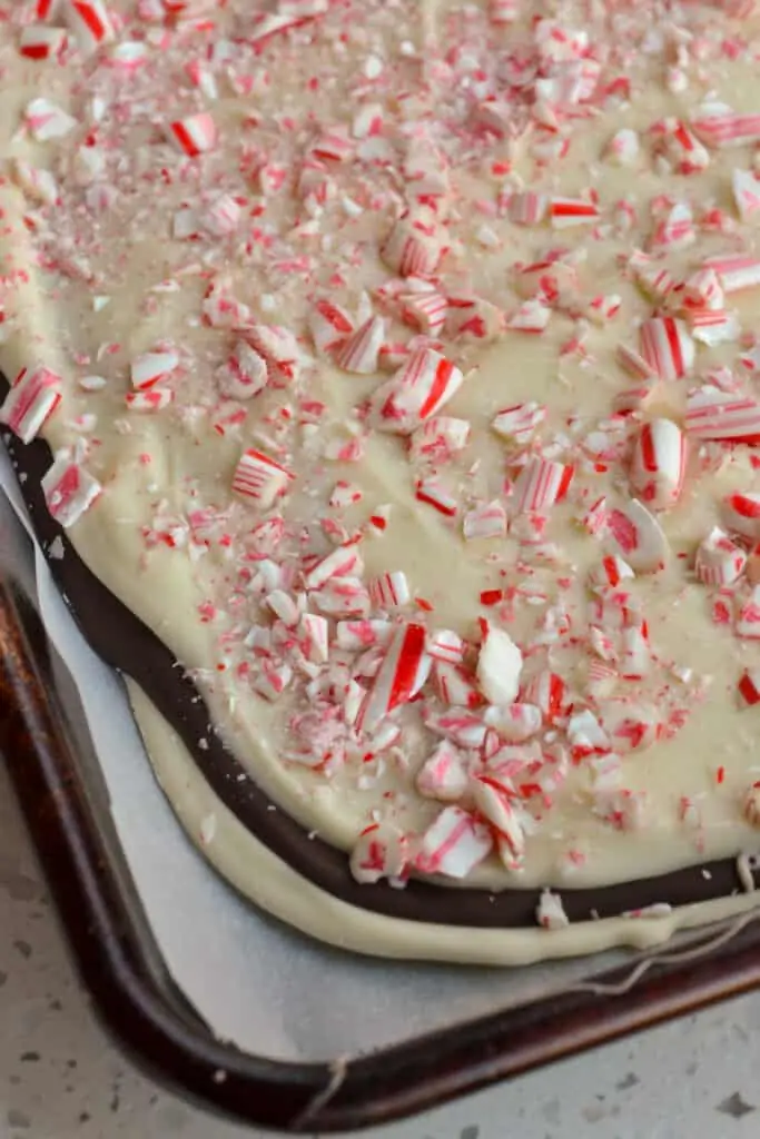 Quick and easy peppermint bark candy with white and semisweet chocolate. 
