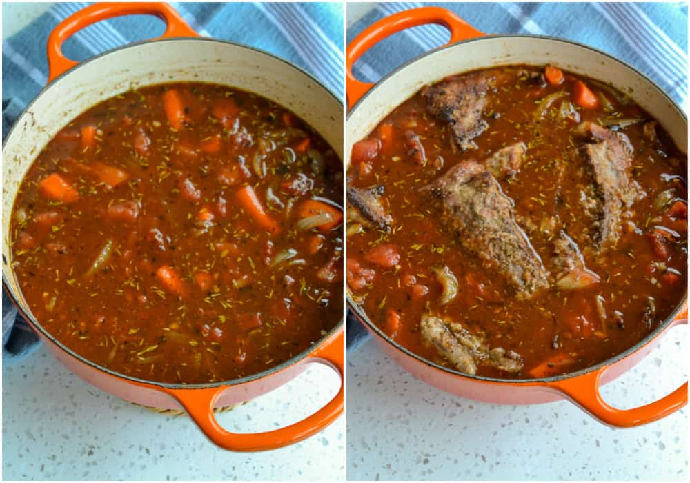 Some of the steps to making Swiss steak. Then add the tomato paste, beef broth, diced tomatoes, Worcestershire sauce, marjoram, thyme, paprika, and the browned beef. Gently scrape the bottom of the pot to remove the brown bits. Cover the pot and place it in the oven. Then bake for about two hours or until the meat is very tender. 