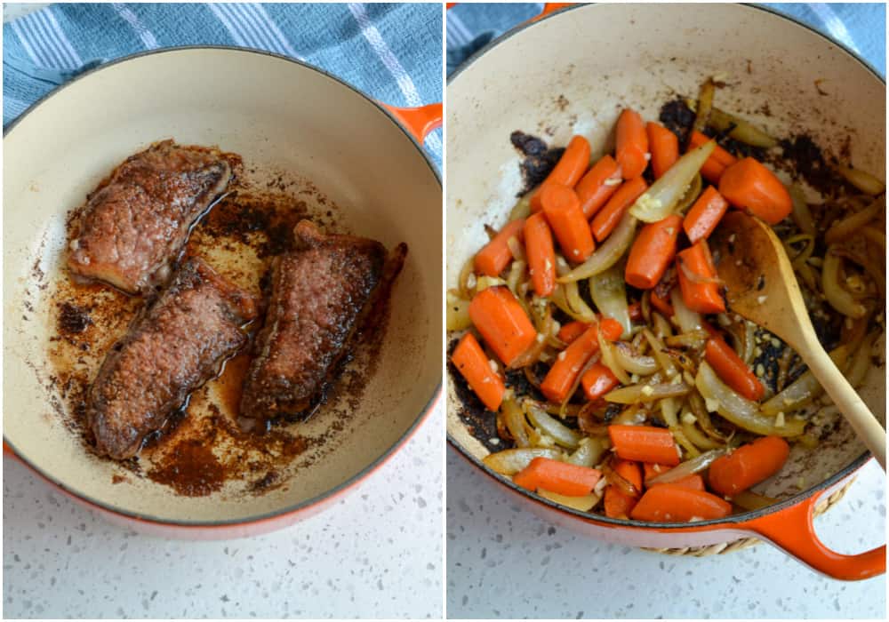 Some of the steps to making swiss steak. Add the tomato paste, beef broth, diced tomatoes, Worcestershire sauce, marjoram, thyme, paprika, and the browned beef. Gently scrape the bottom of the pot to remove the brown bits. 