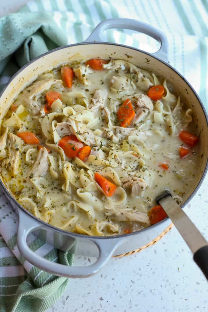 A pot full of hot Turkey Noodle Soup