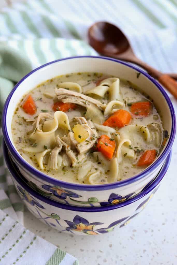 A bowl of creamy turkey noodle soup with carrots, celery, and onions. 