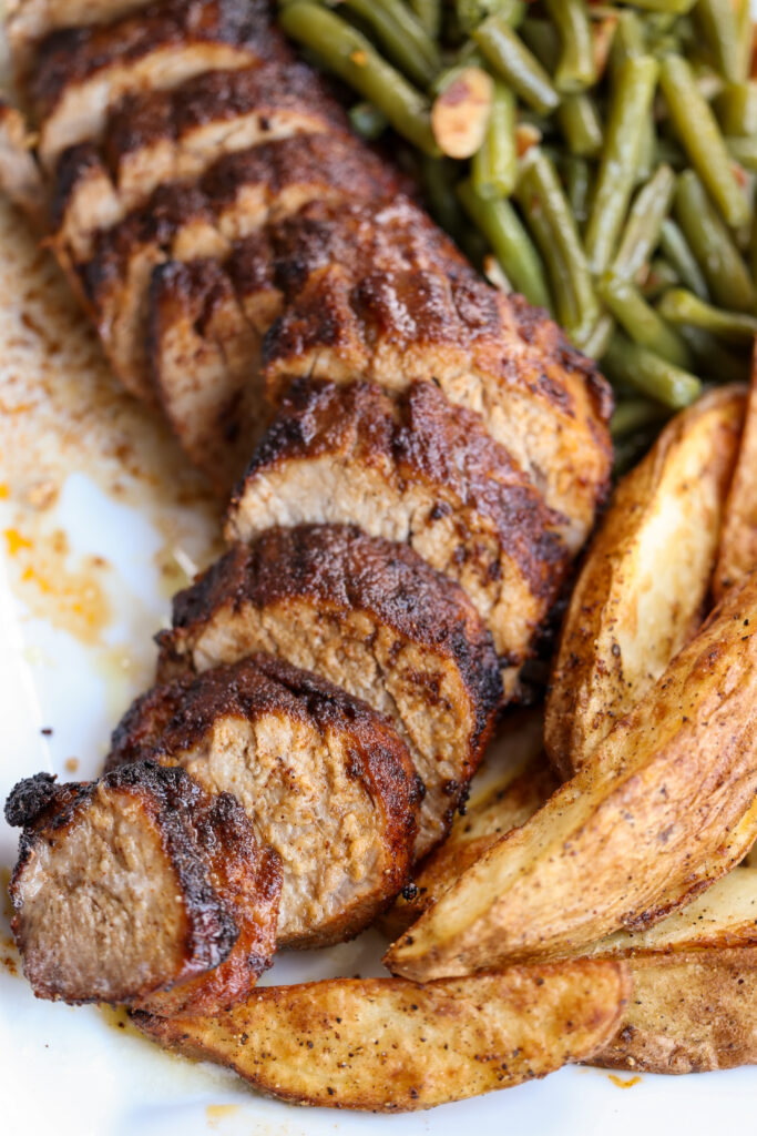 Sliced air fried pork tenderloin. 