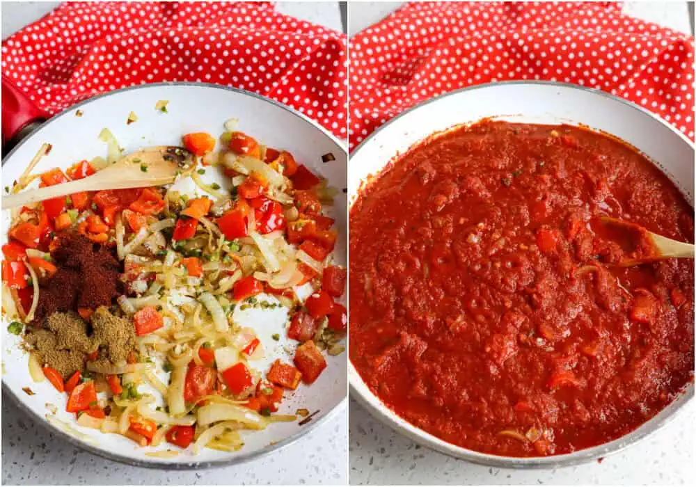 Some of the steps to making shakshuka. Start by heating a little bit of olive oil in a large pan. Add the onions and cook until lightly brown and soft. Add the red bell peppers and jalapeno and cook until the vegetables are soft. Then, reduce the heat to low and add the garlic, smoked paprika, cumin, and cayenne pepper. Cook for a minute, stirring constantly. Stir in the crushed tomatoes and bring the mixture to a gentle boil. 