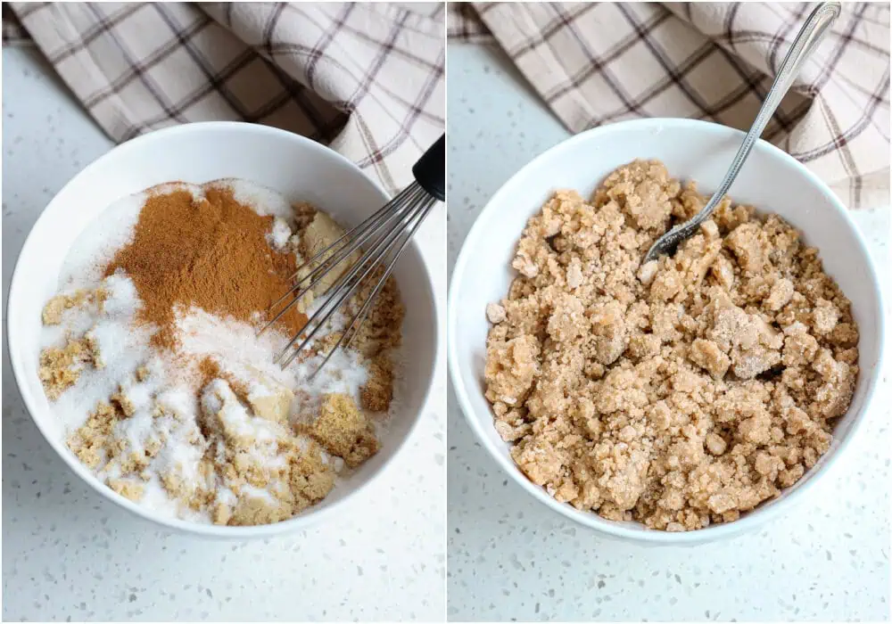 Some of the steps to making crumb cake. In a medium bowl, stir together the flour, brown sugar, granulated sugar, cinnamon, and salt. Drizzle in the melted butter, stirring with a fork just until combined. 