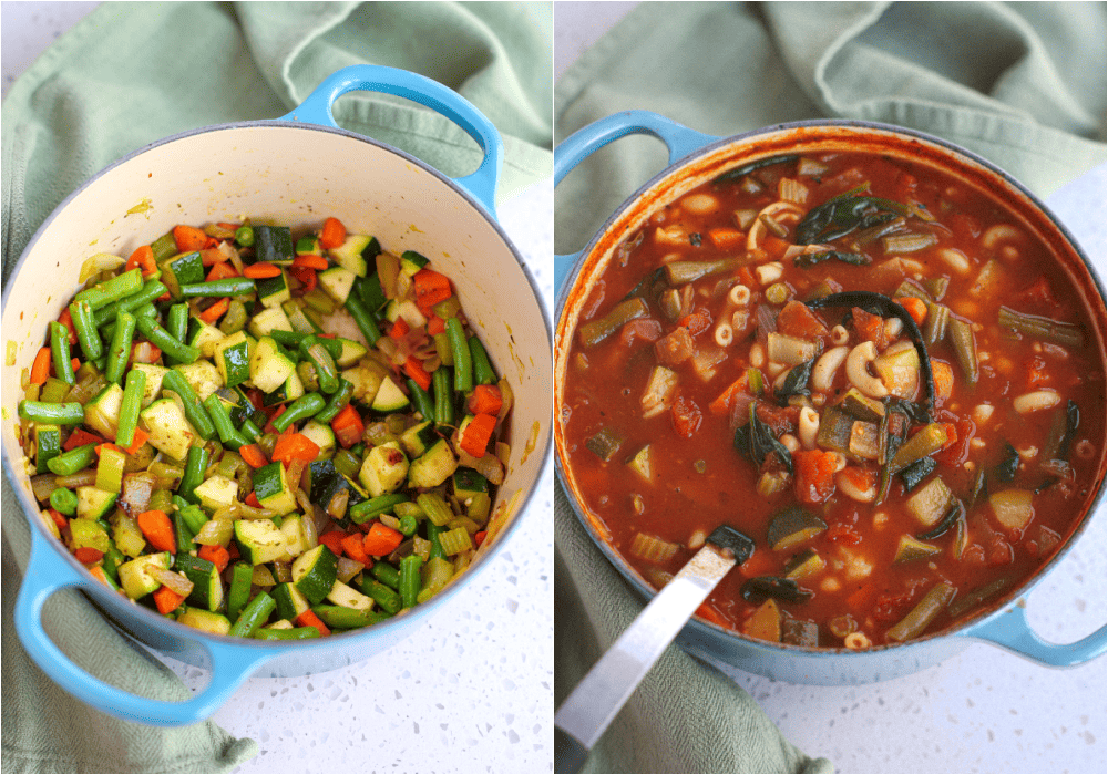 Some of the steps for making minestrone soup. Heat oil in a large Dutch oven or soup pot over medium-high heat. Add onions, celery, and carrots.
Toss in the green beans and zucchini and cook for 2-3 minutes or until the onions and celery are soft. Reduce the heat to low and add garlic, thyme, and marjoram, cooking for 1 minute. Add the bay leaves, vegetable broth, tomato paste, and diced tomatoes. Bring to a low boil, then reduce to a simmer. Cook until the green beans, carrots, and zucchini are almost tender.