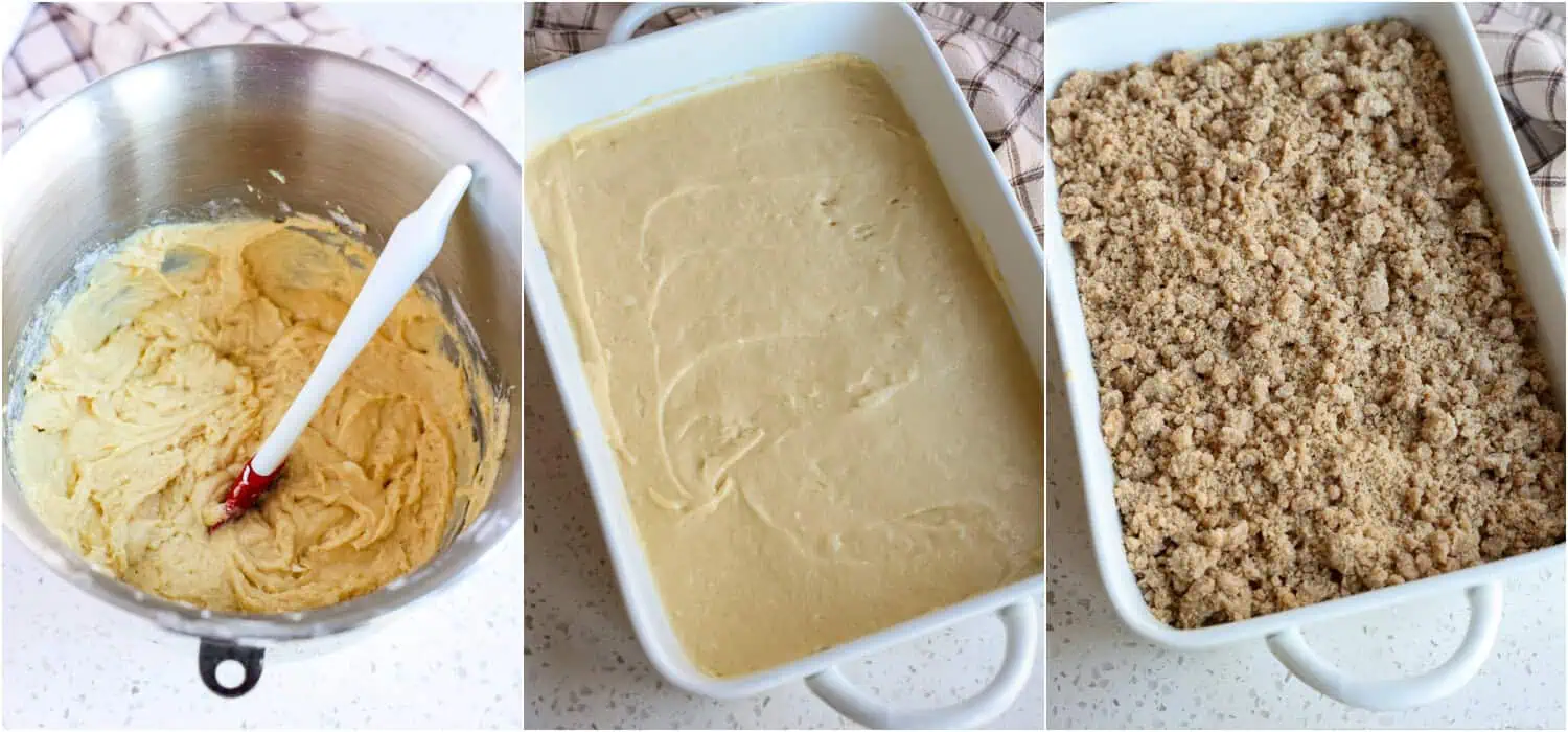Some of the steps to making crumb cake. Spoon the cake batter into a well-greased 9x13-inch baking dish. Use an offset spatula to spread the batter evenly. Sprinkle the crumb topping over the cake mixture.