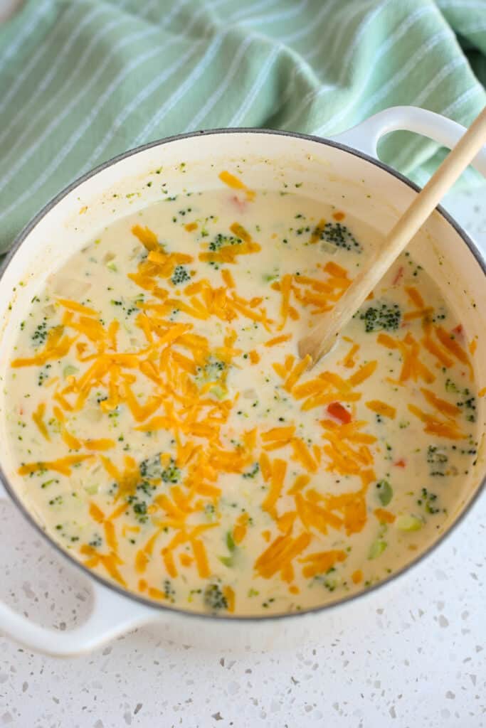 A Dutch Oven full of Broccoli Cheese Soup