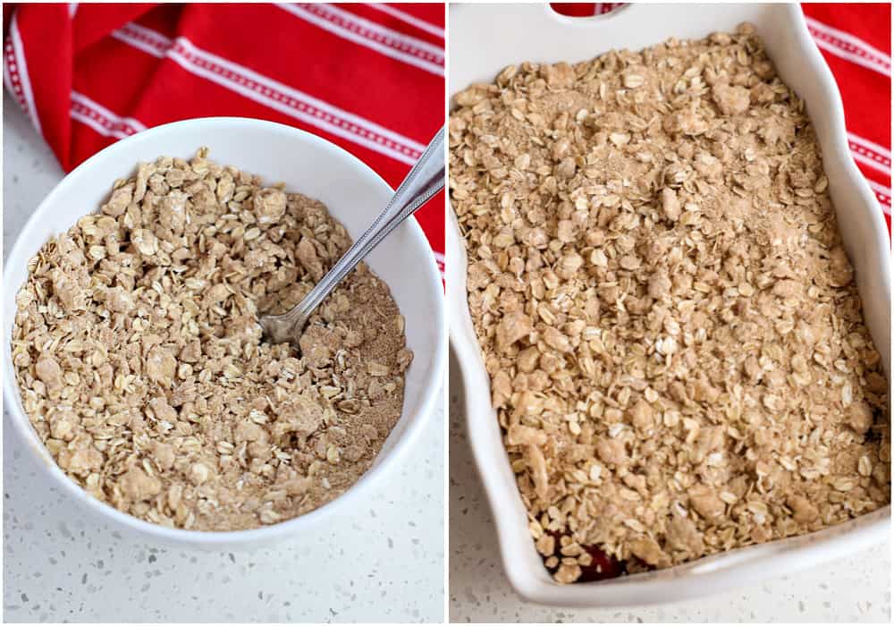Some of the steps to making cherry crisp. Stir in the melted butter until the mixture is crumbly. Sprinkle the cherry pie filling with the crisp topping. 
