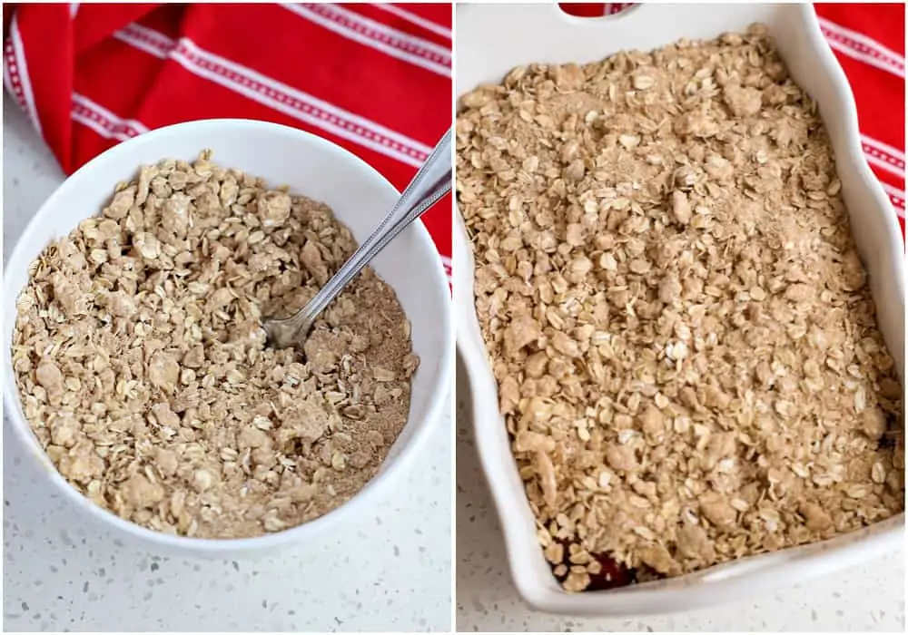 Some of the steps to making cherry crisp. Stir in the melted butter until the mixture is crumbly. Sprinkle the cherry pie filling with the crisp topping. 