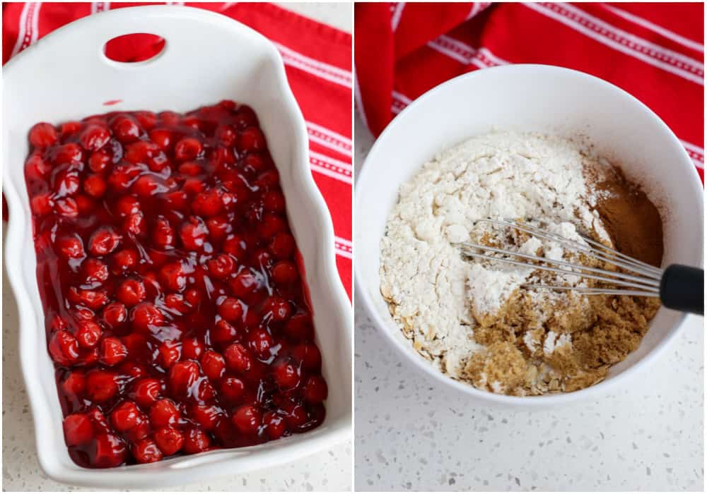 Some of the steps to making cherry crisp. First, pour the cherry pie filling into a greased casserole pan. Then, stir together the rolled oats, brown sugar, flour, salt, and ground cinnamon in a bowl.