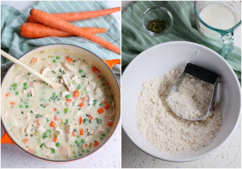 In a Dutch oven or heavy pot, melt butter over medium-low heat. Toss in the onions and celery, and cook. Add the rosemary, black pepper, and poultry seasoning, and cook for a minute. Stir in the flour and cook for about 2 minutes. Stir in the chicken broth and milk. Add the carrots and simmer until tender. Stir in the cooked chicken and frozen peas. Add salt and pepper to taste. Remove from heat. In a bowl, whisk together the flour, baking powder, and salt. Using a pastry knife, cut in the butter until the mixture is crumbly. Stir in the buttermilk, cheddar, and chives.