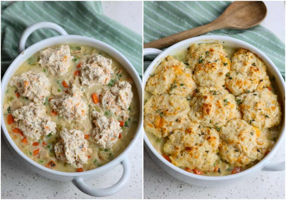 Drop the biscuit dough by rounded spoonfuls onto the hot chicken mixture. Bake for about 15 minutes or until the biscuits are browned and cooked through.