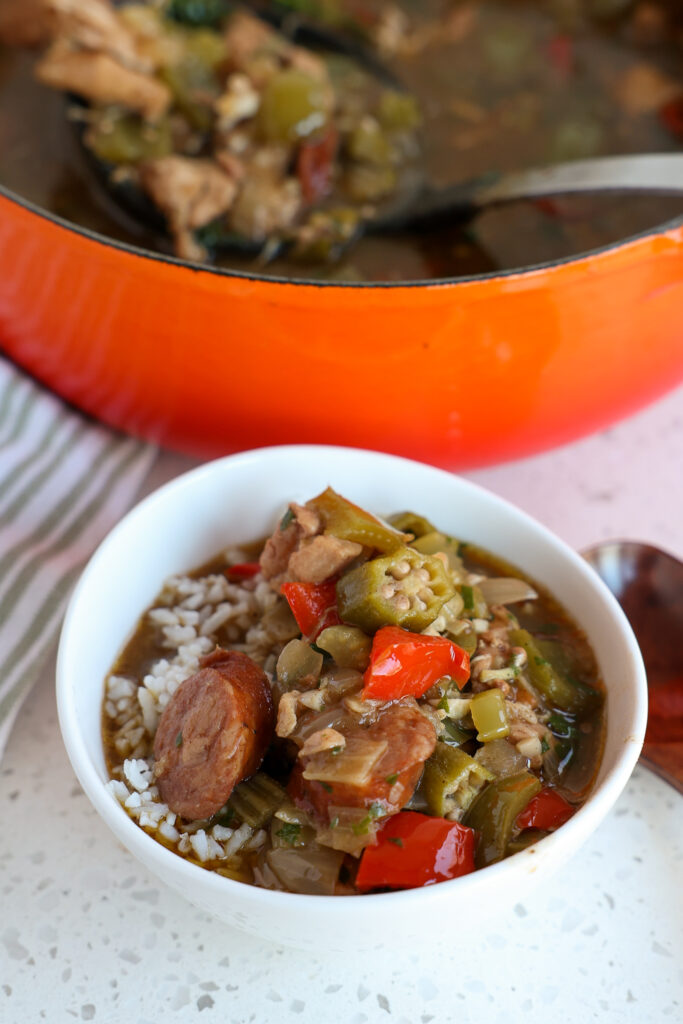 Andouille sausage and chicken gumbo over white rice. 