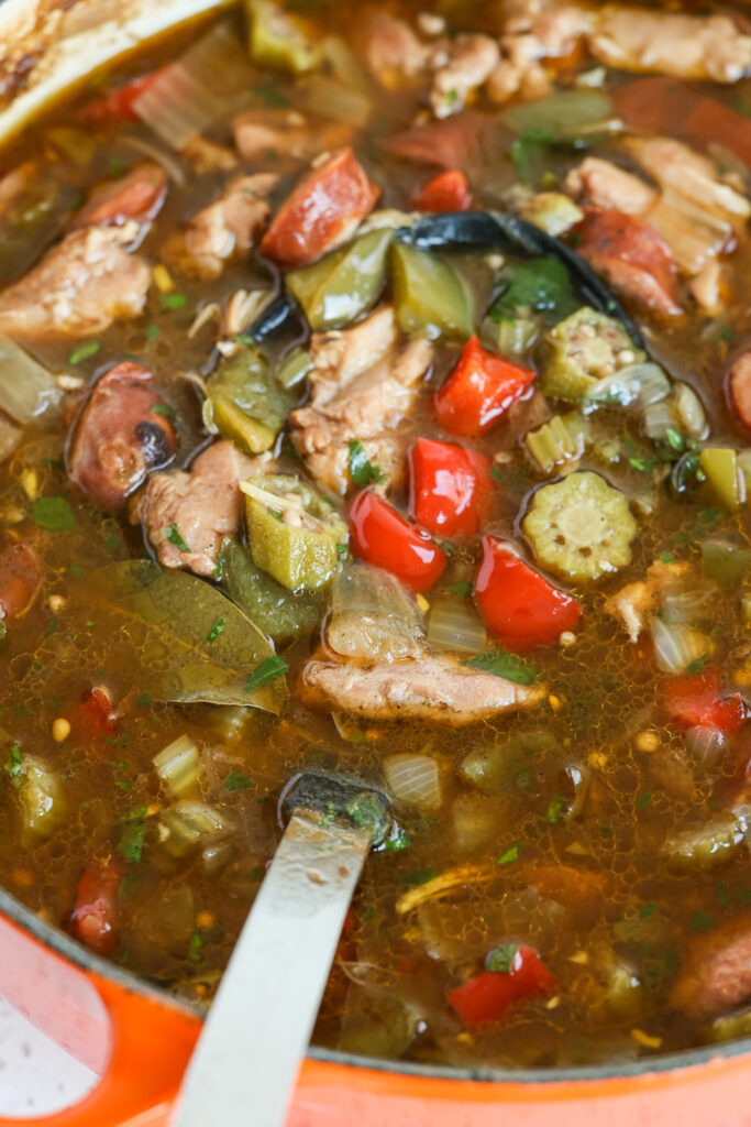 A Dutch Oven full of Chicken and sausage gumbo. 