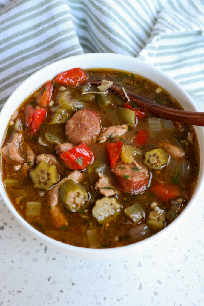 A bowl full of authentic chicken and andouille sausage gumbo. 