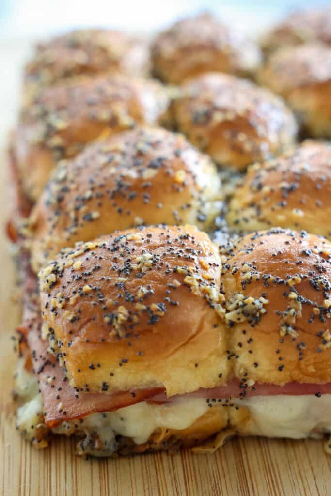 Hot ham and Swiss Cheese party sliders.