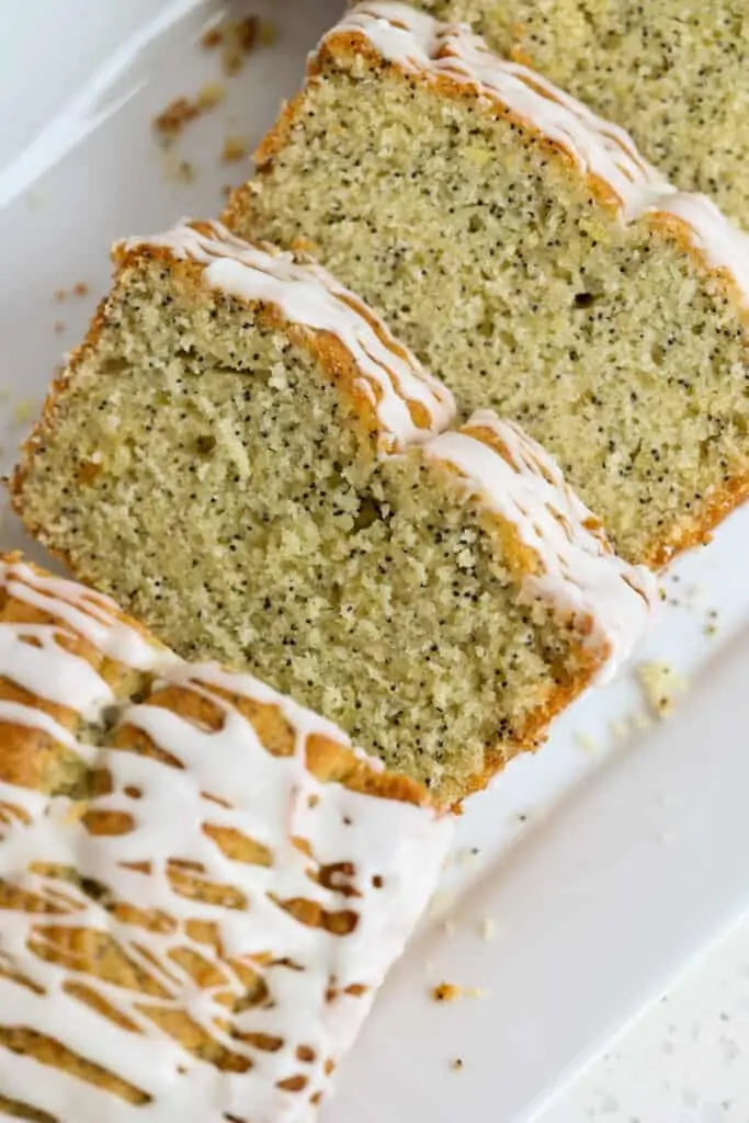 Warm slices of glazed Lemon Poppy Seed Bread