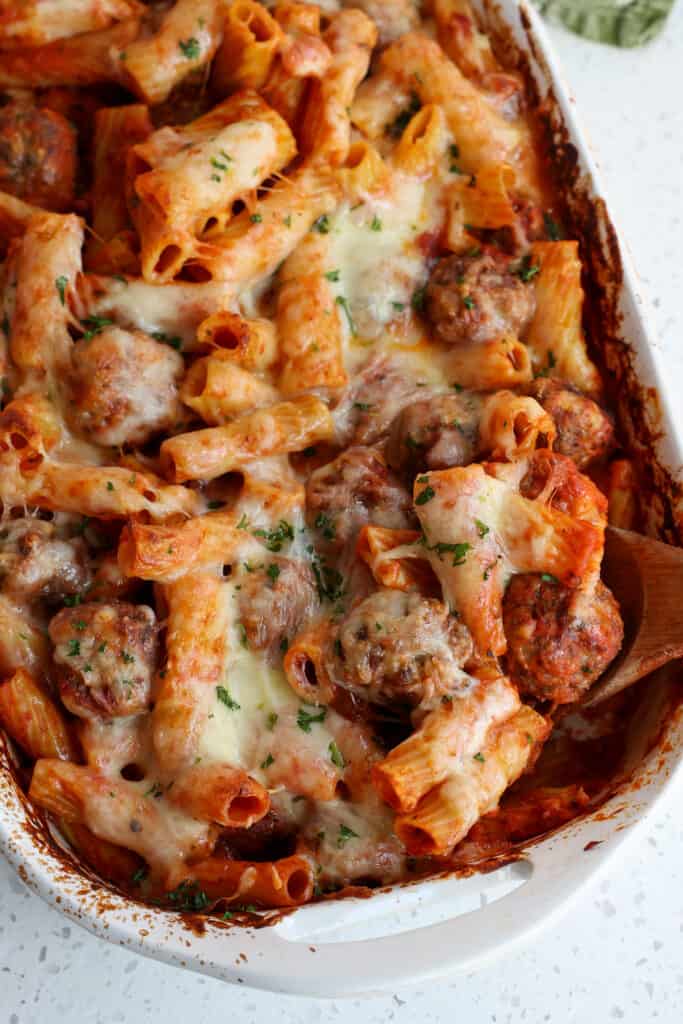 Meatball Casserole with rigatoni, homemade meatballs, marinara, and oodles of mozzarella cheese.