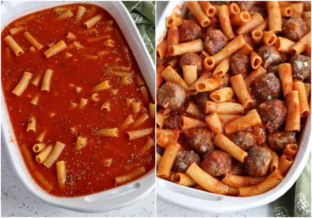 Combine the pasta, marinara, water, and Italian Seasoning in a large casserole dish.