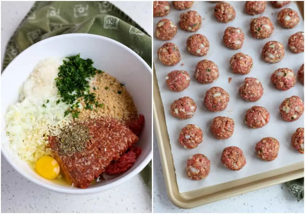 Start by mixing the ingredients for the meatballs and rolling the meatballs. 