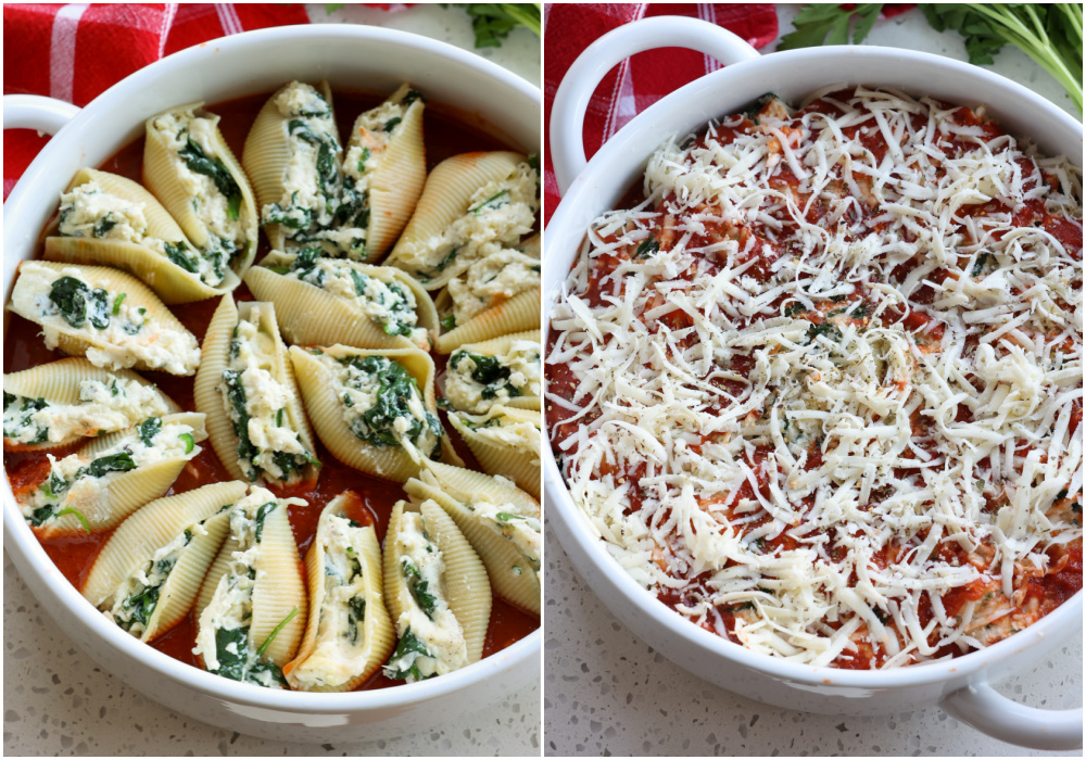 Arrange the stuffed shells in the casserole dish and top with marinara and mozzarella.