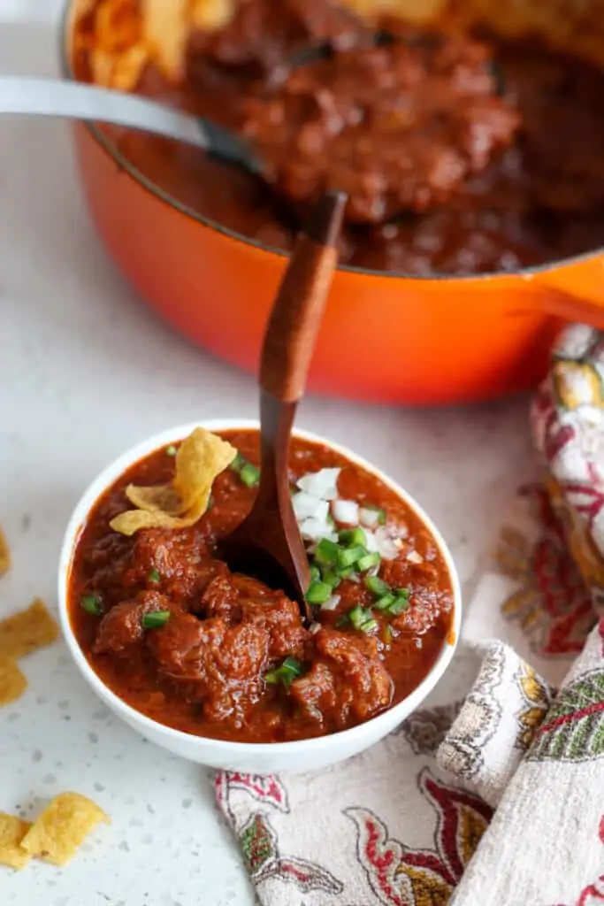 Texas Chili so thick that a spoon will stand up in it. 