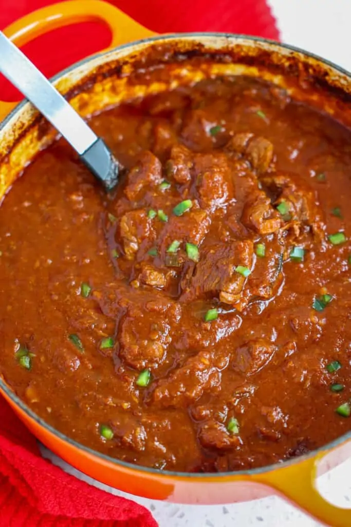 A Dutch Oven full of homemade Texas Chili