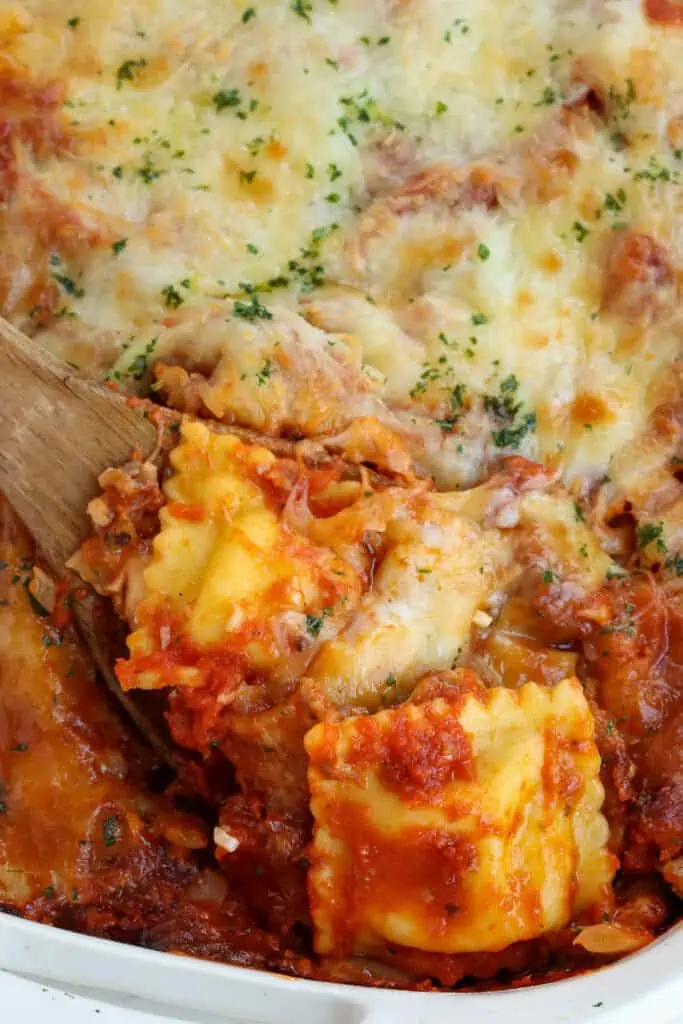 Baked ravioli casserole with mozzarella and Parmesan Cheese