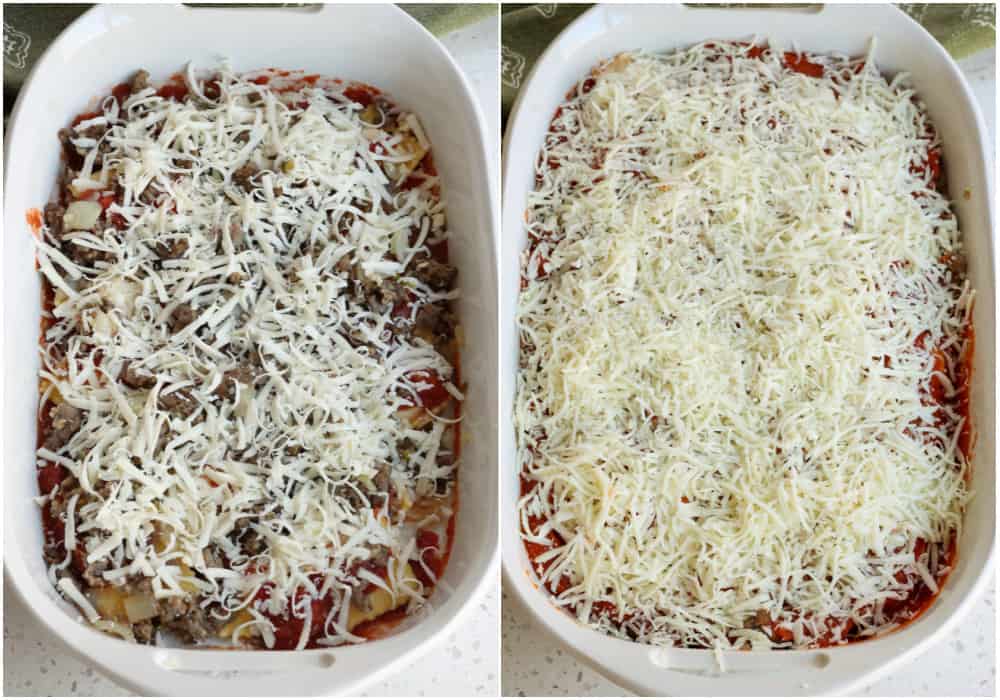 Repeat the layers ending with mozzarella and Parmesan Cheese. 
